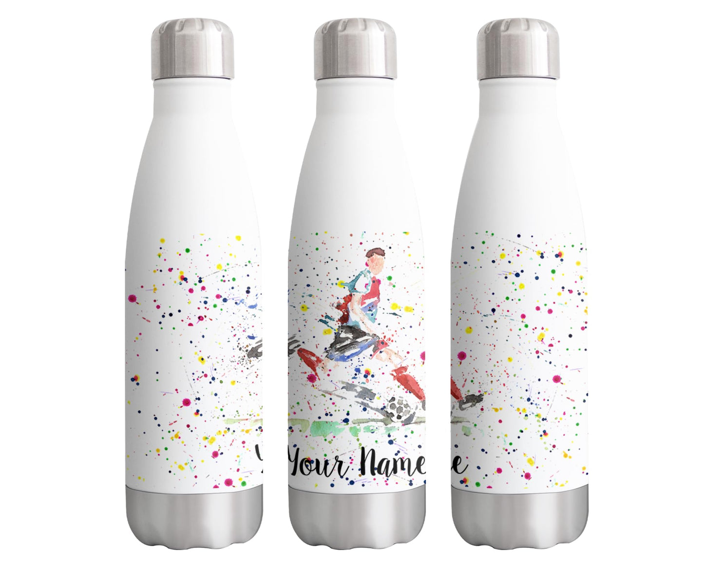 Vixar Footballer Personalised Custom Bottle with your Text/name Football Footie dad Grandad Father Watercolour Bottle Double Wall Insulated Stainless Steel Sport Drinks 500ml