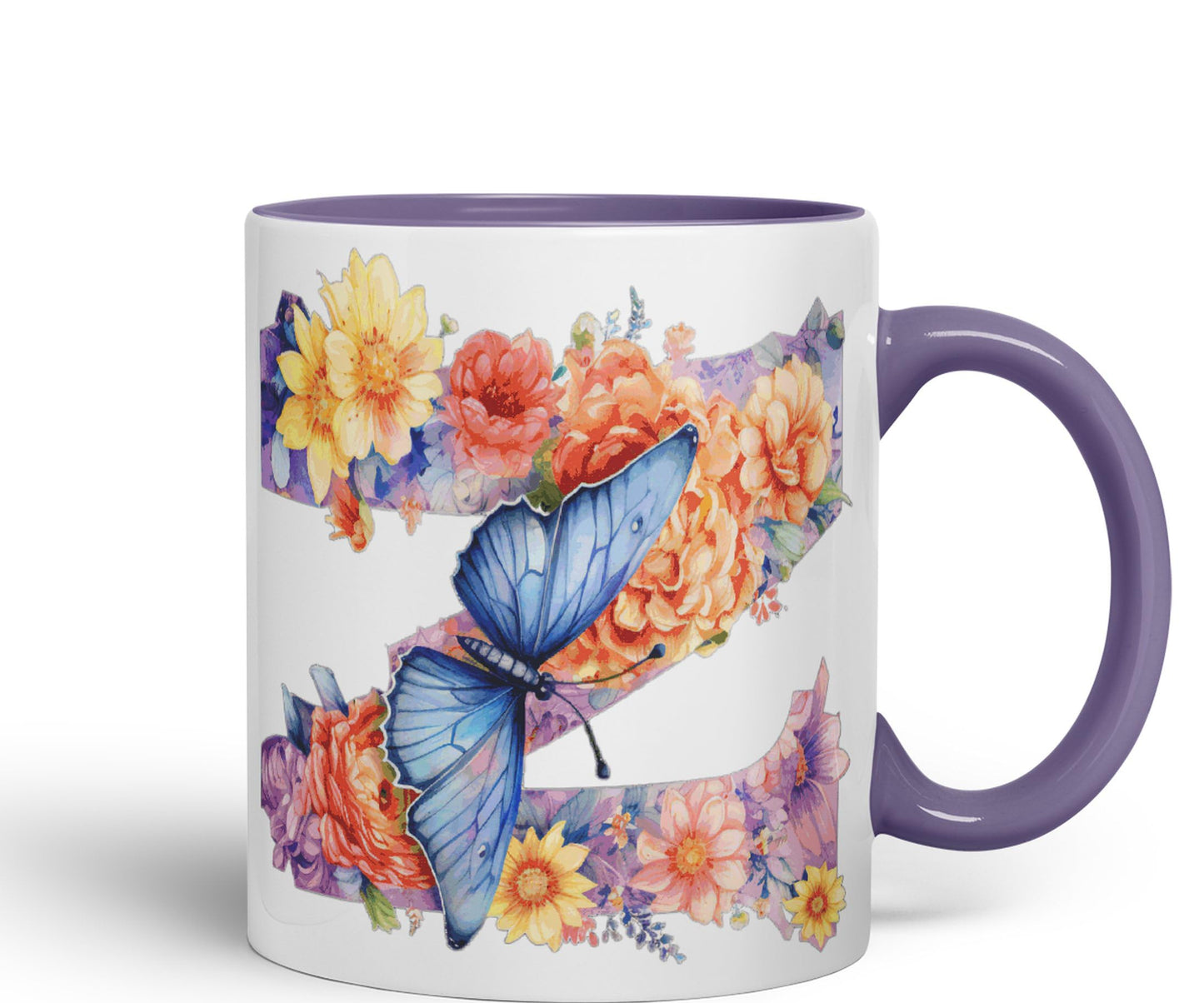 Letter Z mug, Floral flowers butterfly Alphabet Letter Z Monogram watercolour Ceramic Coloured Mug Cup for Tea Coffee Hot brew 330ml 11Oz Gift