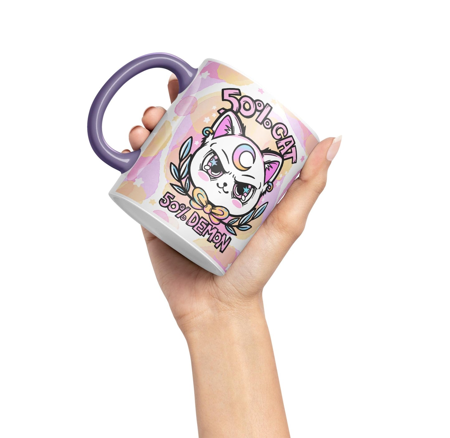 Vixar 50% Cat 50% Demon Cute cat Lovers, Kawaii Joke Coloured Ceramic Mug Cup Gift 330ml 11oz Work Office Tea Coffee