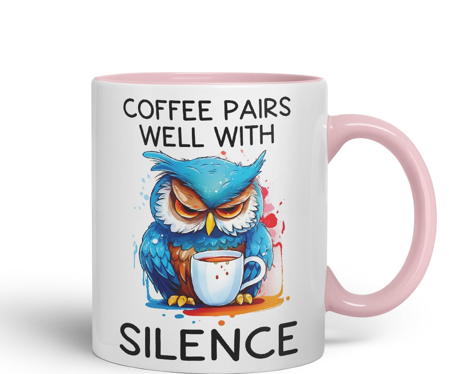 Coffee Pairs Well with Silence owl Sarcastic Joke Ceramic Coloured Mug Cup for Tea Coffee Hot Brew 330ml 11 Oz