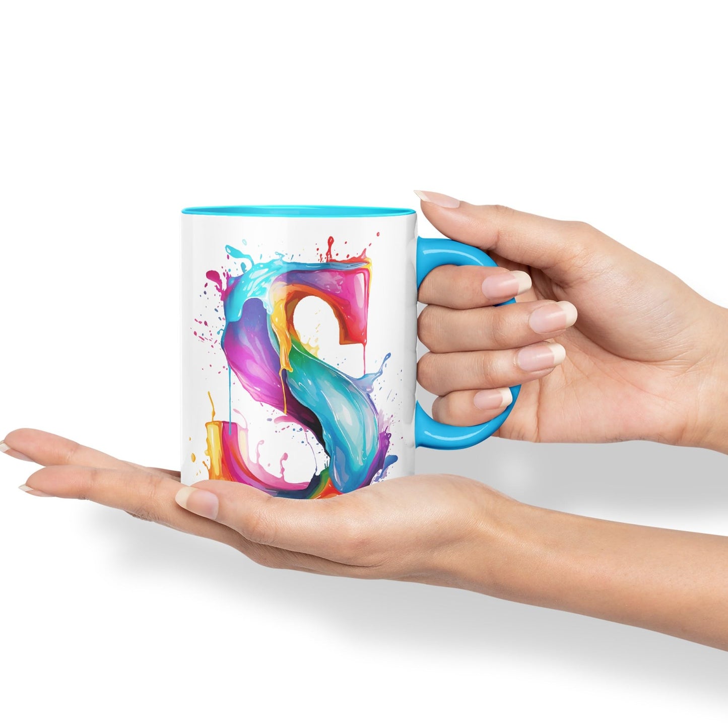 Letter S mug, Alphabet Letter S Monogram watercolour Ceramic Coloured Mug Cup for Tea Coffee Hot brew 330ml 11Oz Gift