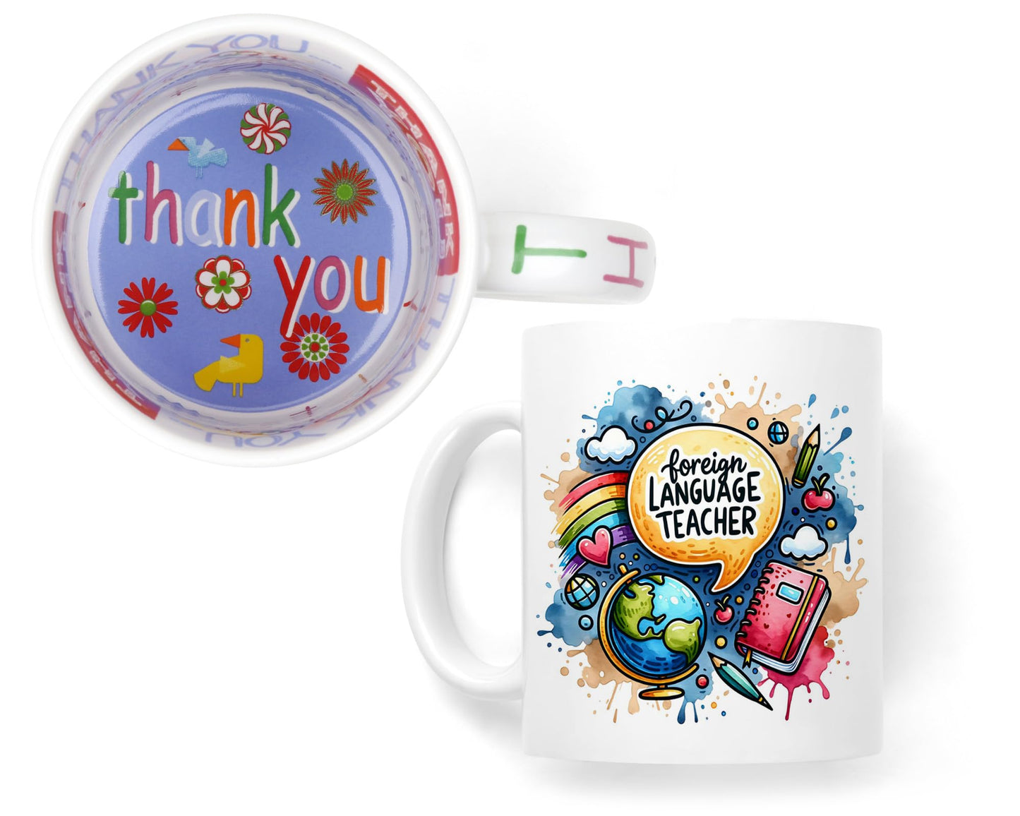 Vixar Foreign Language Teacher Teacher Mug Thank You, End of School Gift Ceramic Coloured Mug Cup for Tea Coffee Hot Brew 330ml 11Oz Gift