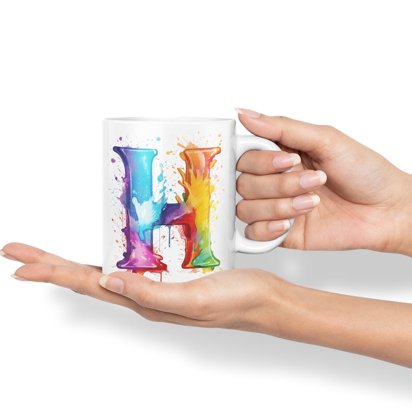 Letter H mug, Alphabet Letter H Monogram watercolour Ceramic Coloured Mug Cup for Tea Coffee Hot brew 330ml 11Oz Gift