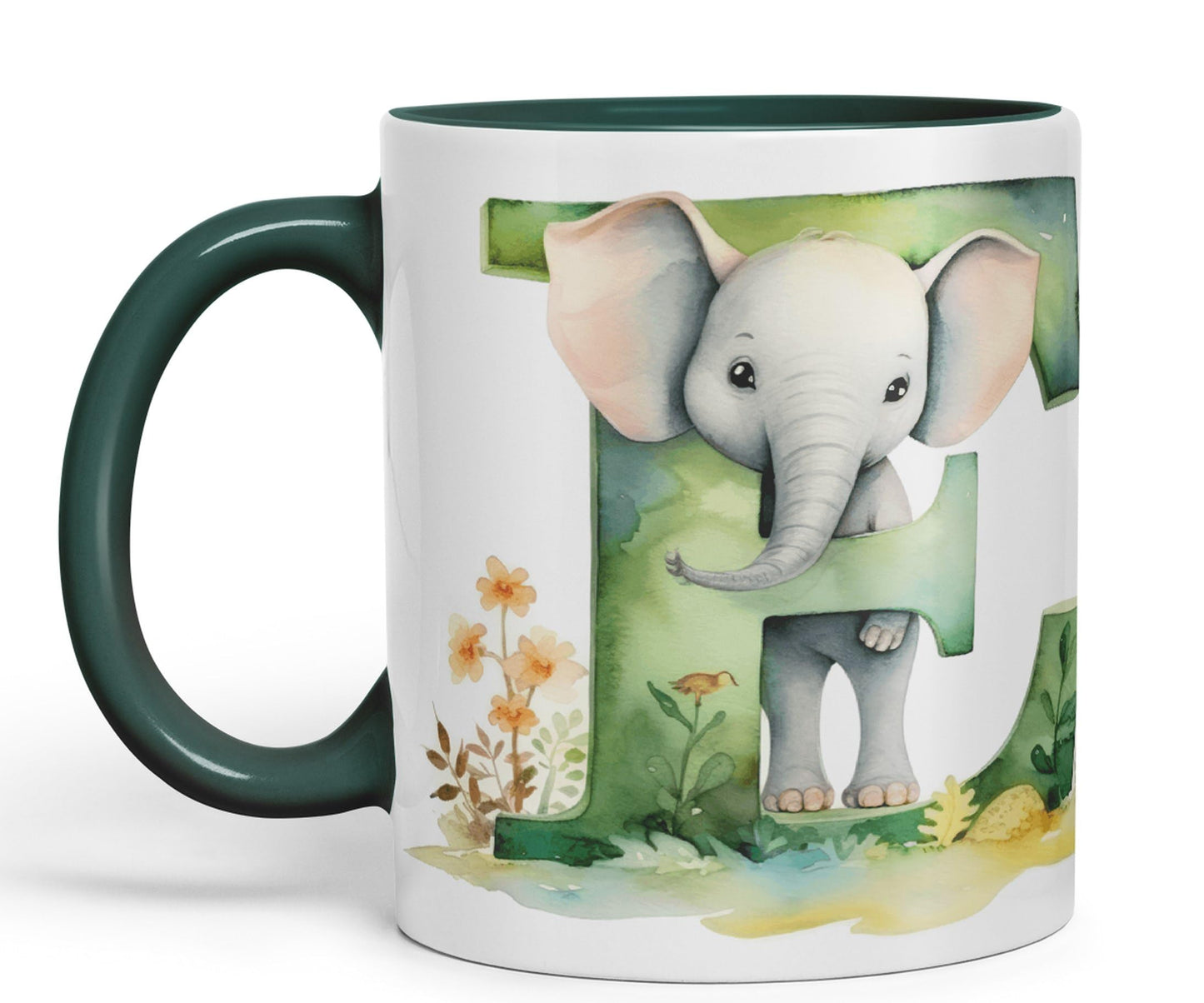 Letter E mug, Animals Alphabet Letter E Monogram animal for kids Ceramic Coloured Mug Cup for Tea Coffee Hot brew 330ml 11Oz Gift