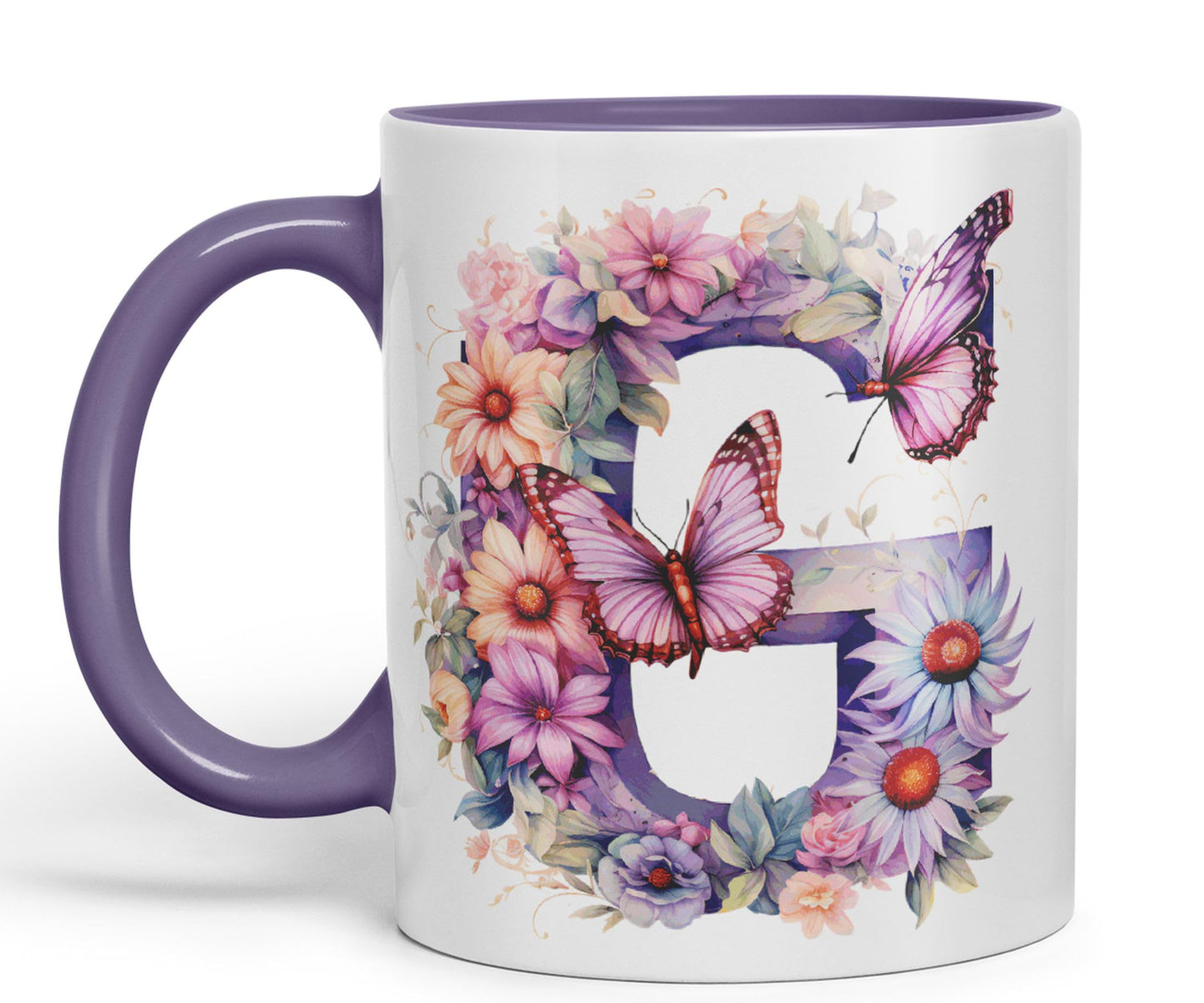 Letter G mug, Floral flowers butterfly Alphabet Letter G Monogram watercolour Ceramic Coloured Mug Cup for Tea Coffee Hot brew 330ml 11Oz Gift