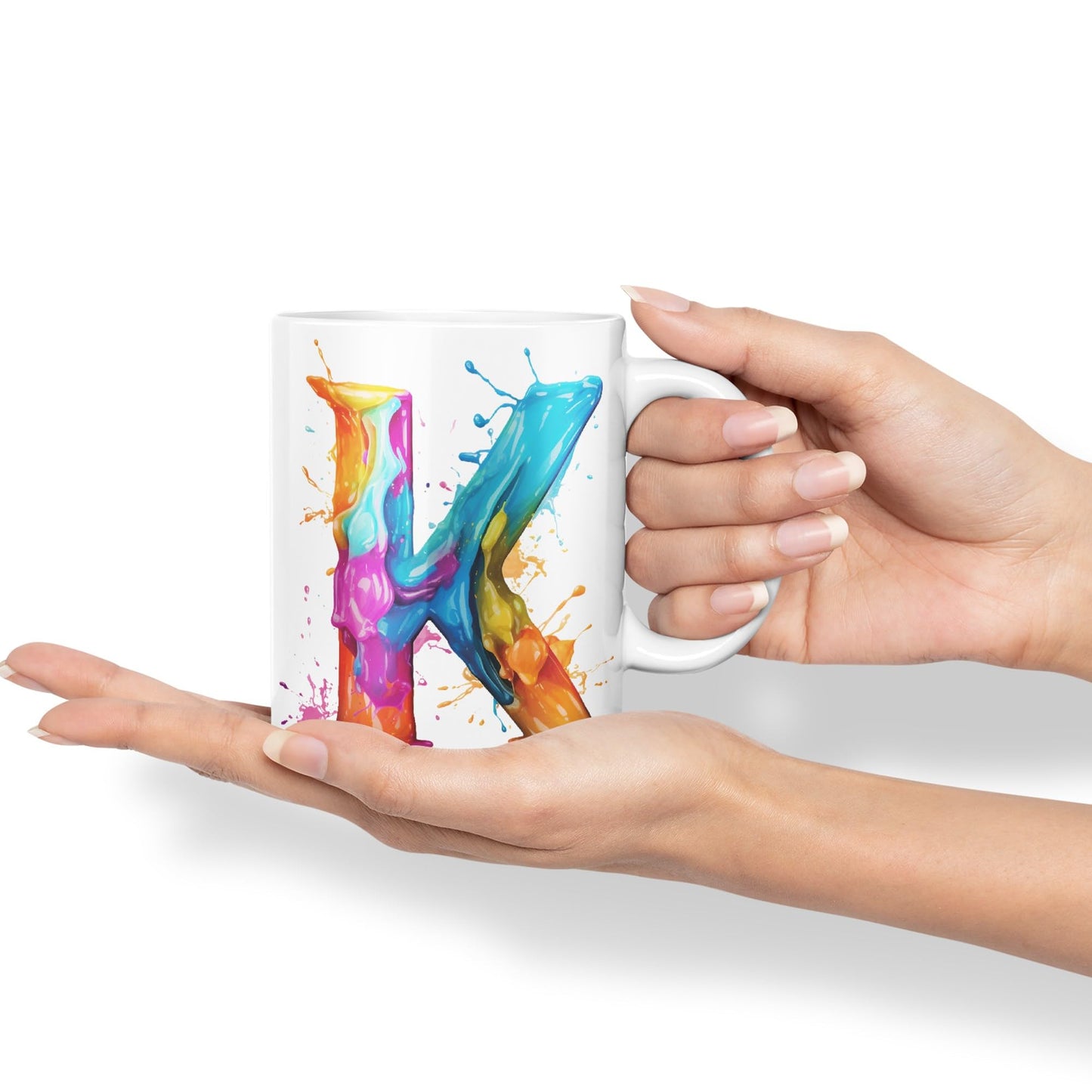 Letter K mug, Alphabet Letter K Monogram watercolour Ceramic Coloured Mug Cup for Tea Coffee Hot brew 330ml 11Oz Gift