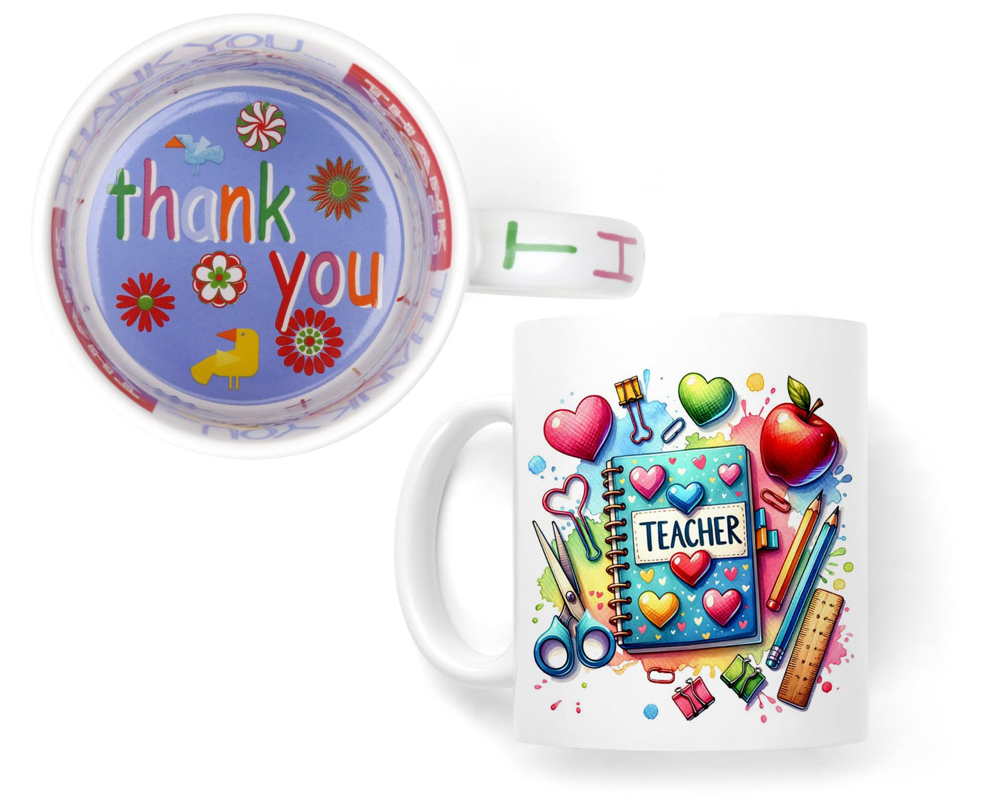 Vixar Teacher Mug Thank You, End of School Gift Ceramic Coloured Mug Cup for Tea Coffee Hot Brew 330ml 11Oz Gift