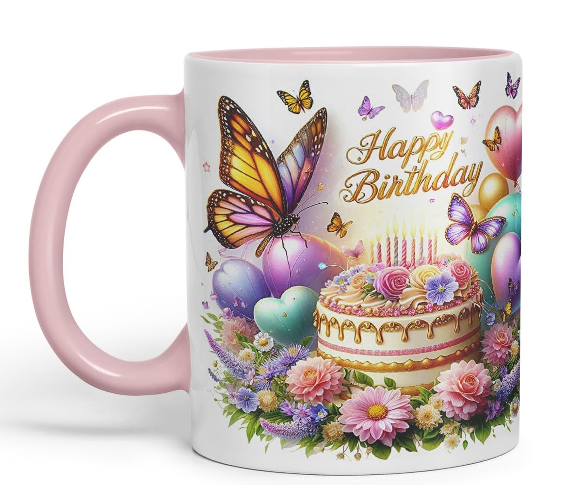 Vixar Happy Birthday Butterflies Over Cake Coloured Ceramic Mug Cup Gift 11oz V12 (Black)