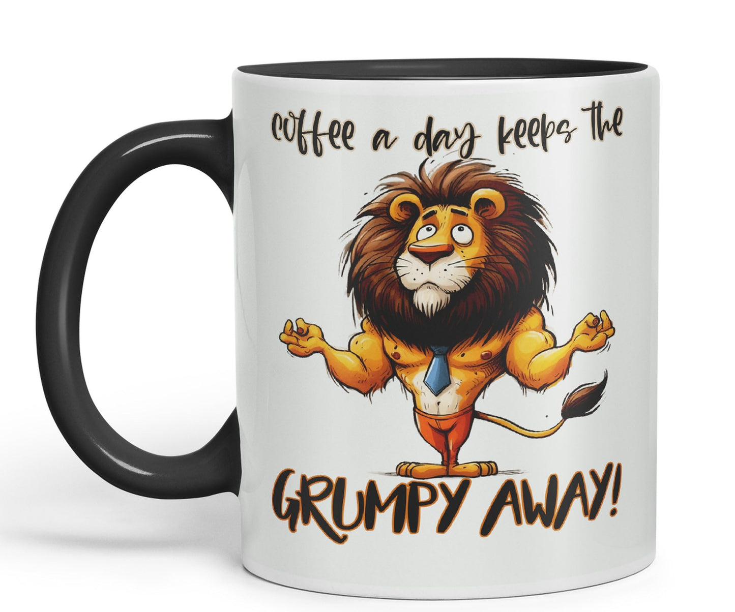 Coffee a Day Keeps The Grumy Away! Lion Joke sarkasm Sarcastic Ceramic Coloured Mug Cup for Tea Coffee Hot Brew 330ml 11Oz Gift