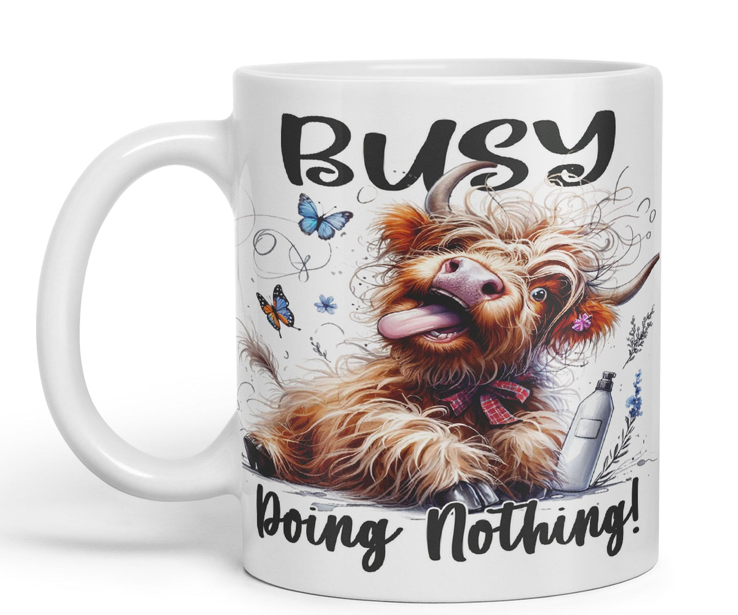 Busy Doing Nothing Scottish Highland Cow Joke sarkasm Sarcastic Ceramic Coloured Mug Cup for Tea Coffee Hot Brew 330ml 11Oz Gift