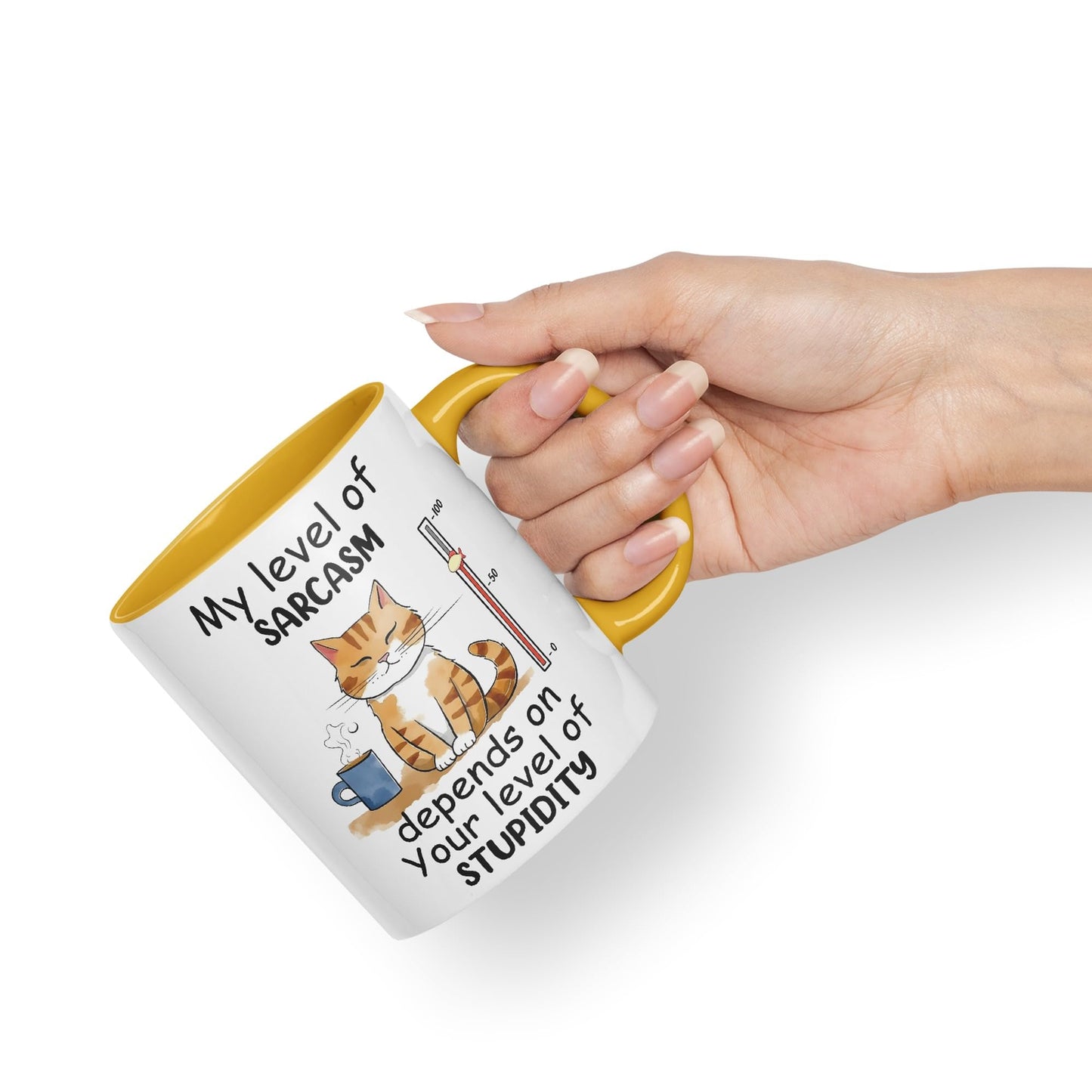 My Level of Sarcasm Depends on Your Level of Stupidity Cat Joke Ceramic Coloured Mug Cup for Tea Coffee Hot Brew 330ml 11Oz