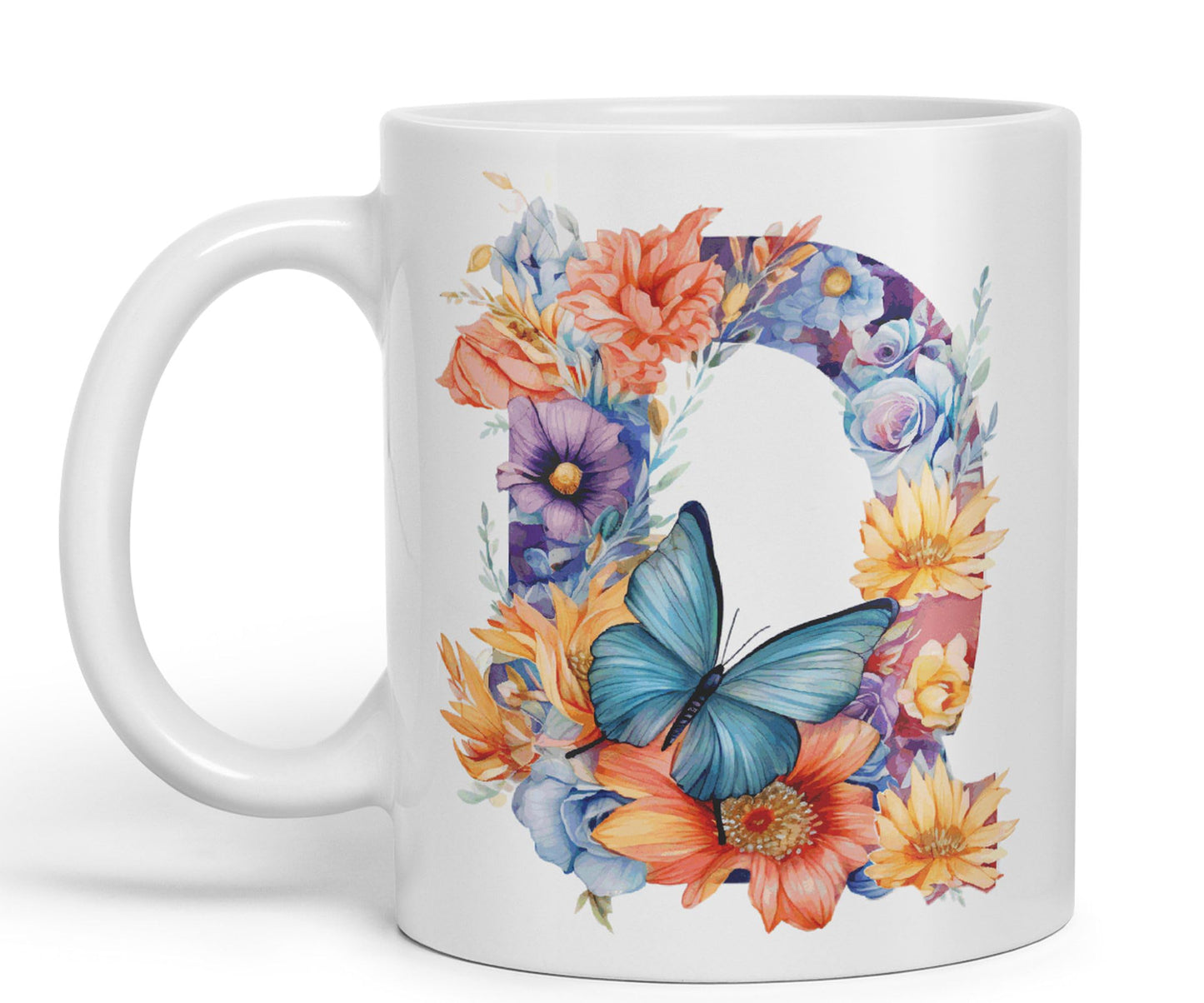 Letter Q mug, Floral flowers butterfly Alphabet Letter Q Monogram watercolour Ceramic Coloured Mug Cup for Tea Coffee Hot brew 330ml 11Oz Gift