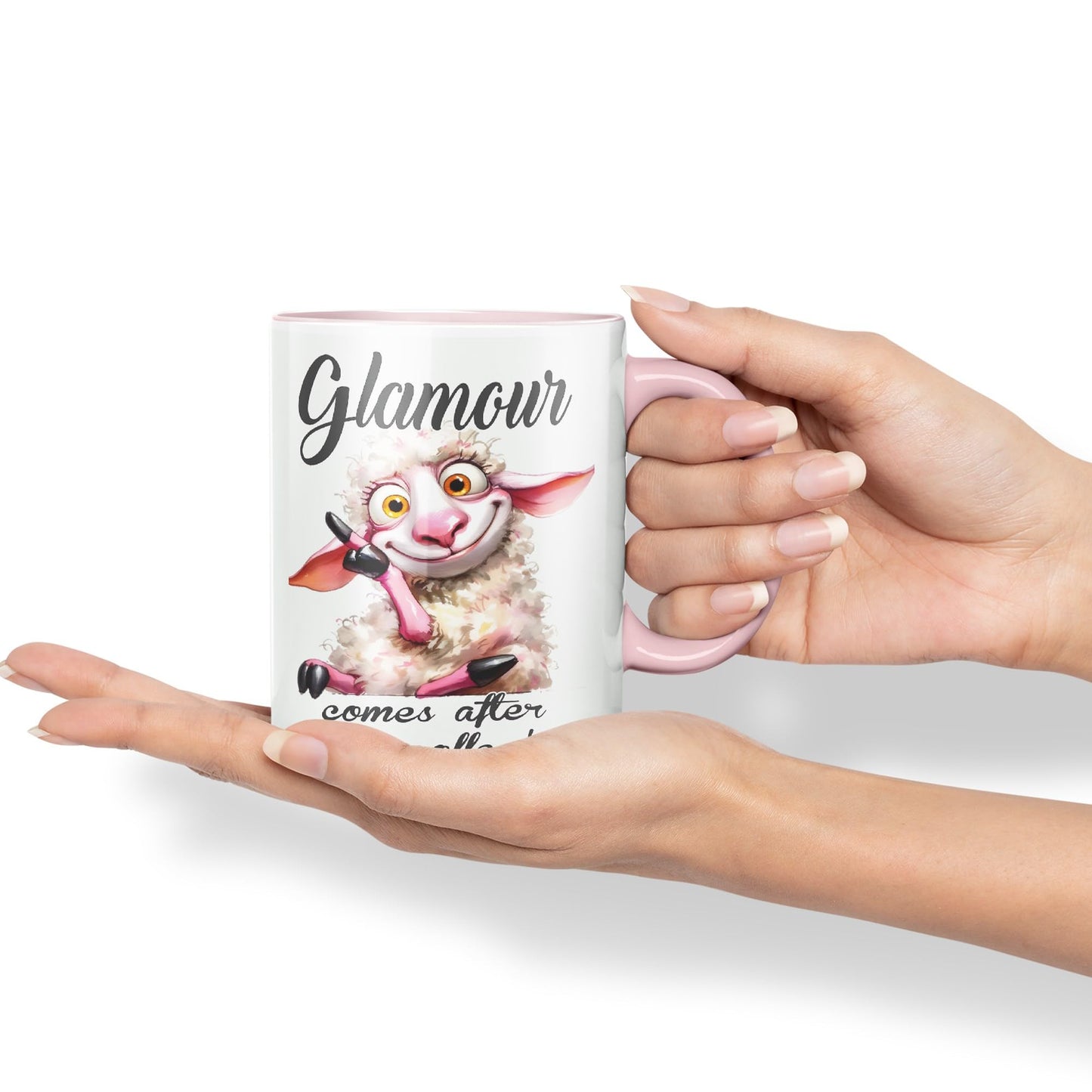 Glamour Comes After My Coffee! Sheep Joke sarkasm Sarcastic Ceramic Coloured Mug Cup for Tea Coffee Hot Brew 330ml 11Oz Gift