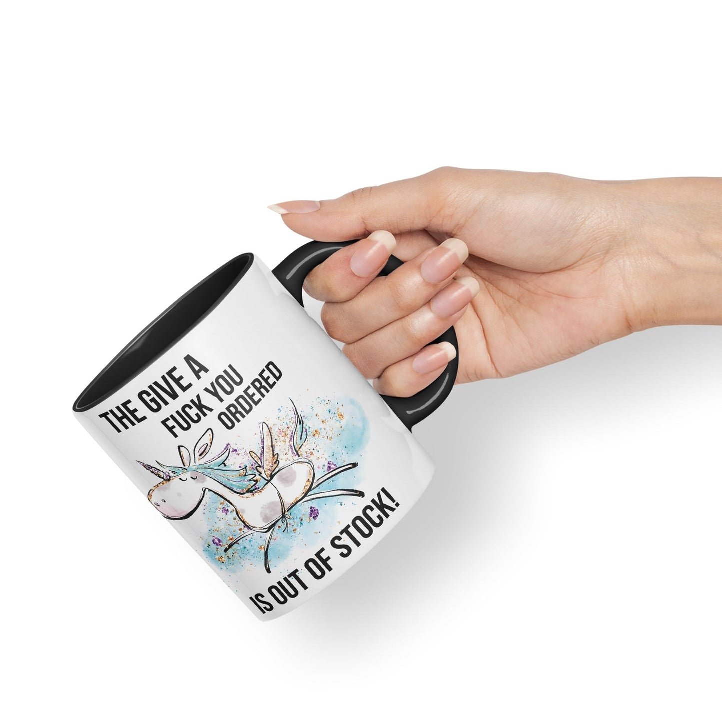 The Give a f.. You Ordered is Out of Stock Unicorn Sarcastic Joke Gift Ceramic Coloured Mug Cup for Tea Coffee Hot Brew 330ml 11Oz