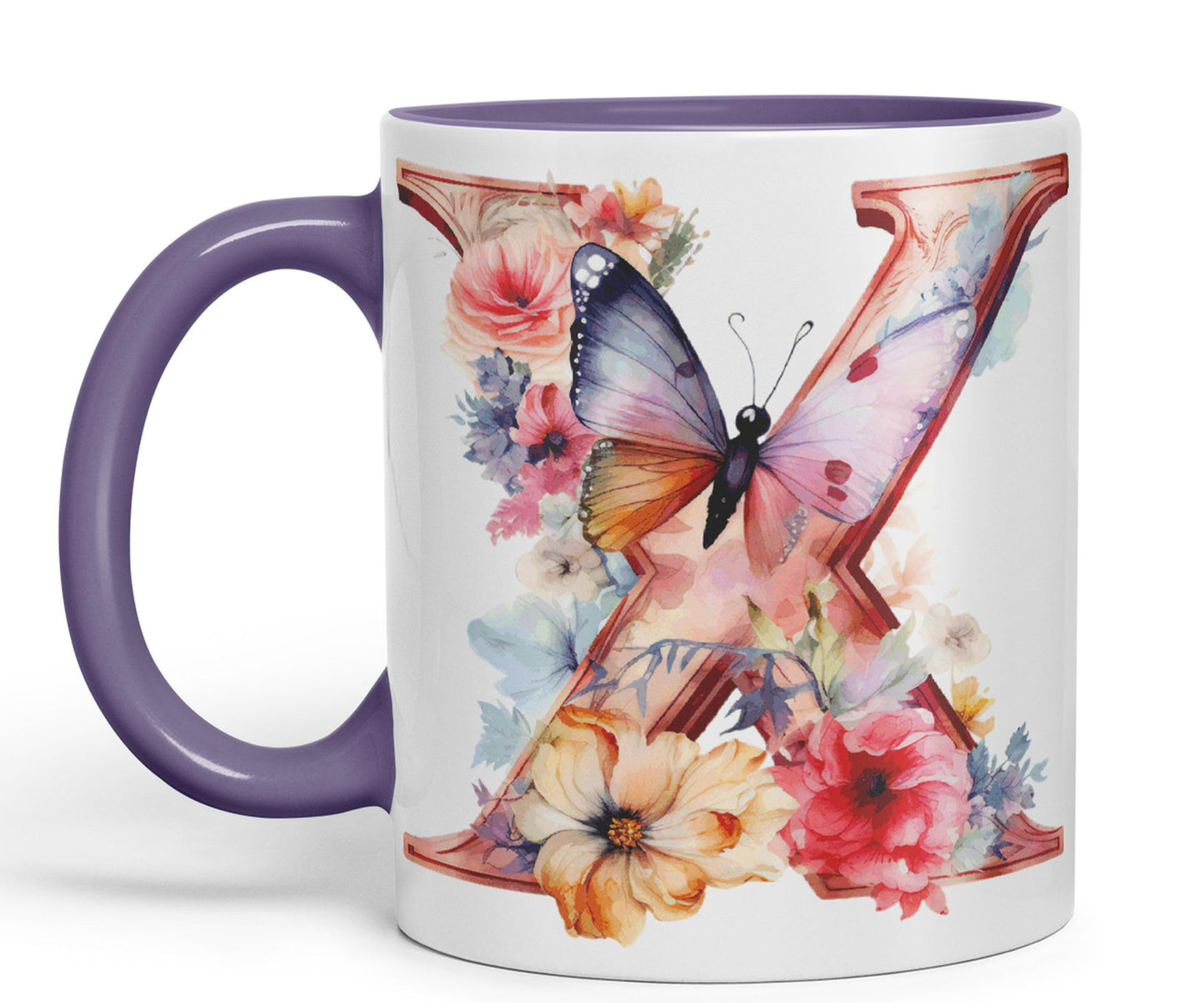 Letter X mug, Floral flowers butterfly Alphabet Letter X Monogram watercolour Ceramic Coloured Mug Cup for Tea Coffee Hot brew 330ml 11Oz Gift