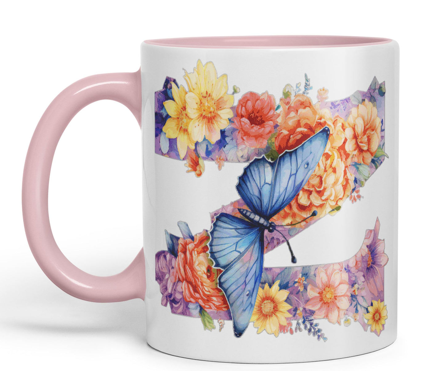 Letter Z mug, Floral flowers butterfly Alphabet Letter Z Monogram watercolour Ceramic Coloured Mug Cup for Tea Coffee Hot brew 330ml 11Oz Gift
