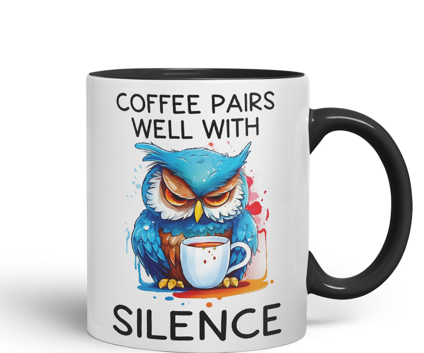 Coffee Pairs Well with Silence owl Sarcastic Joke Ceramic Coloured Mug Cup for Tea Coffee Hot Brew 330ml 11 Oz