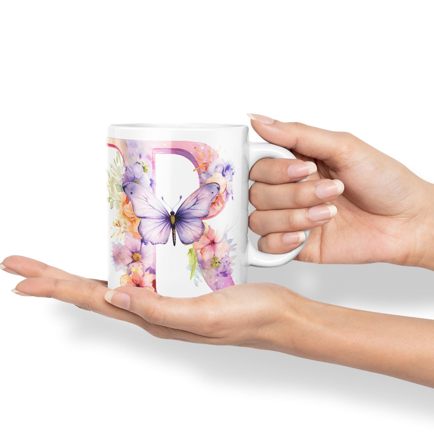 Letter R mug, Floral flowers butterfly Alphabet Letter R Monogram watercolour Ceramic Coloured Mug Cup for Tea Coffee Hot brew 330ml 11Oz Gift
