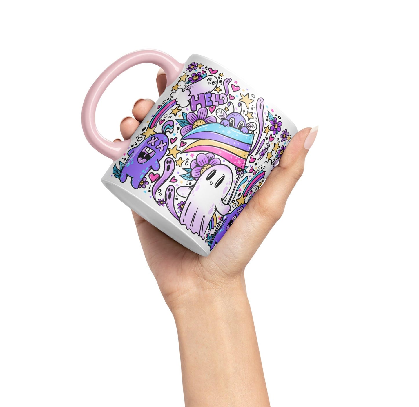 Vixar Hello Cool Kawaii Ghosts Coloured Ceramic Mug Cup Gift 330ml 11oz Work Office Tea Coffee