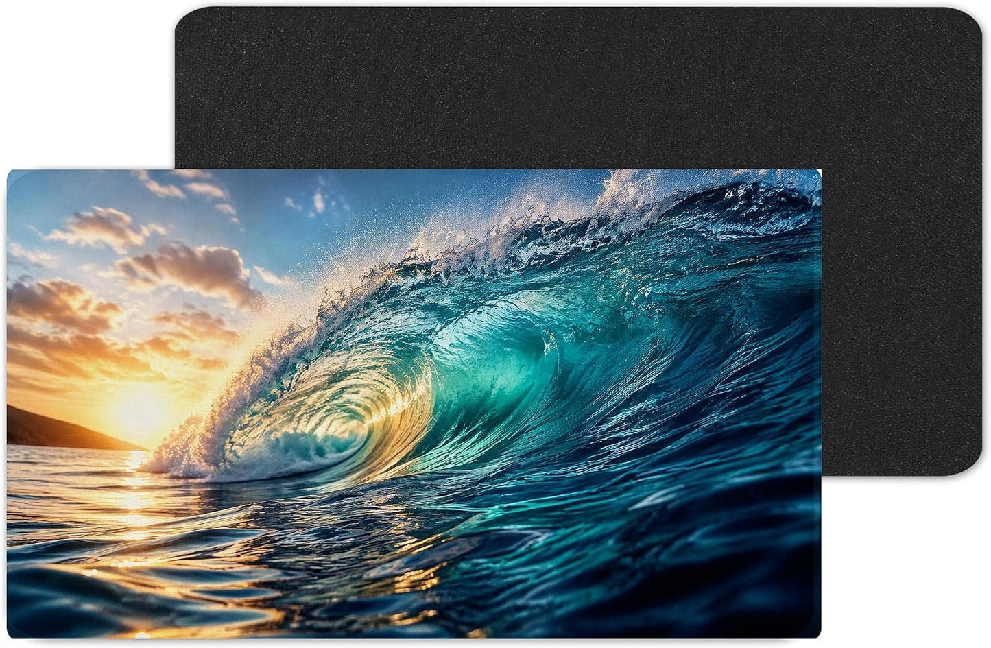 Ocean Wave at Sunset Large Desk Mat – Dramatic Coastal Fabric Mouse Pad with 3mm Non-Slip Rubber Base, 600 x 350mm (Wave)