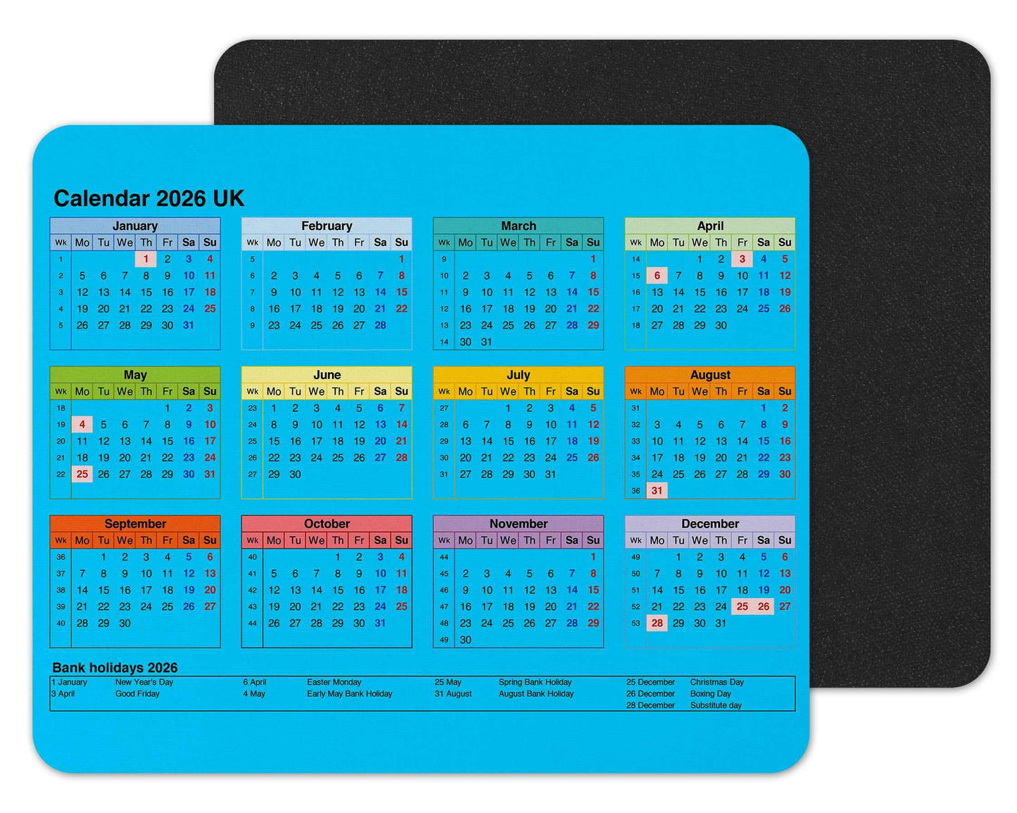 Vixar Calendar 2026 Mouse mat pad for UK with Holiday Non Slip PC Desktop Laptop for office school work home