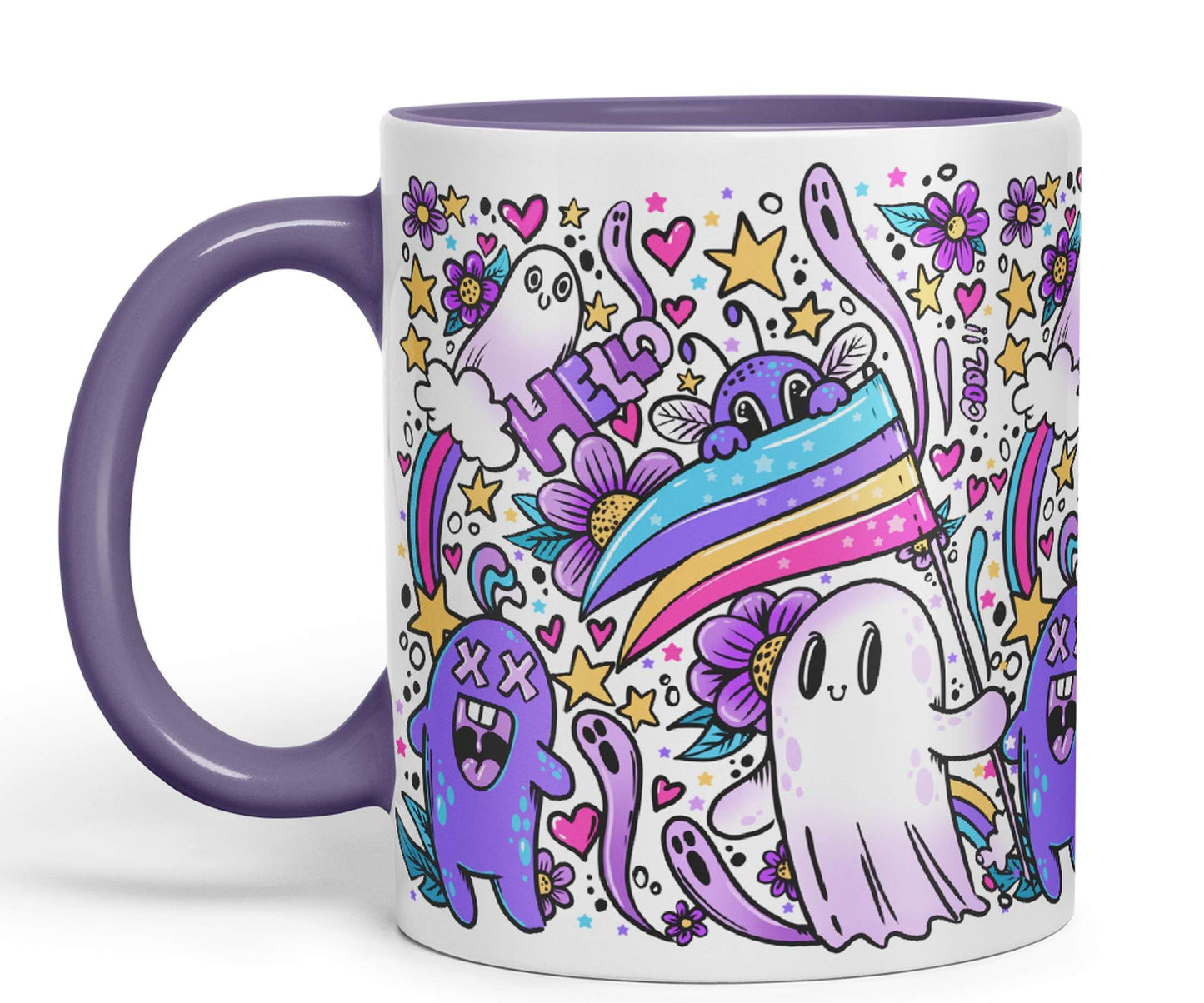 Vixar Hello Cool Kawaii Ghosts Coloured Ceramic Mug Cup Gift 330ml 11oz Work Office Tea Coffee