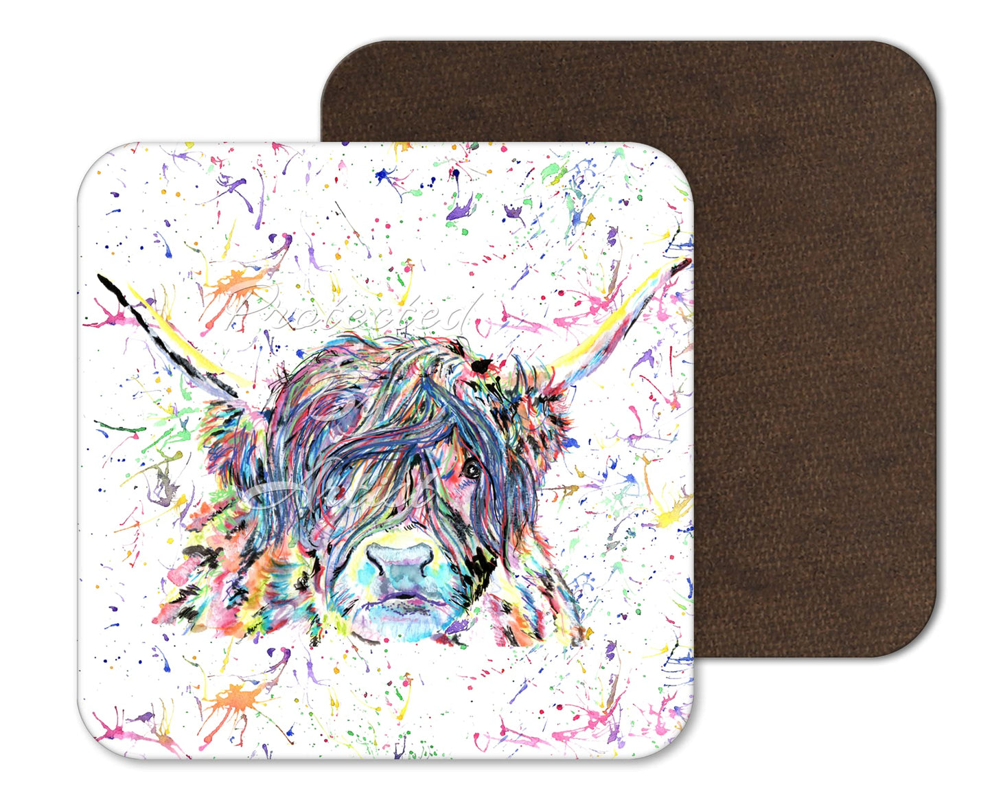 Coaster Highland Cow Scottish Farm Animals Coasters Watercolour Art Gift Work Office Dining Tea coffee