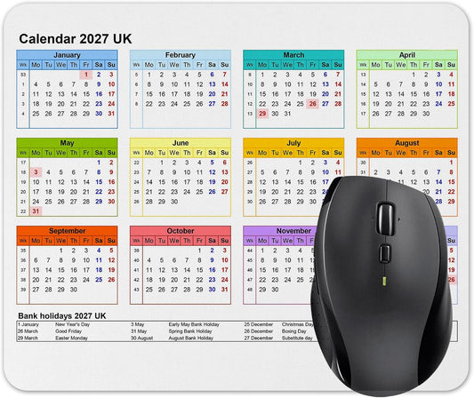 Vixar Calendar 2027 Mouse mat pad for UK with Holiday Non Slip PC Desktop Laptop for office school work home (White)