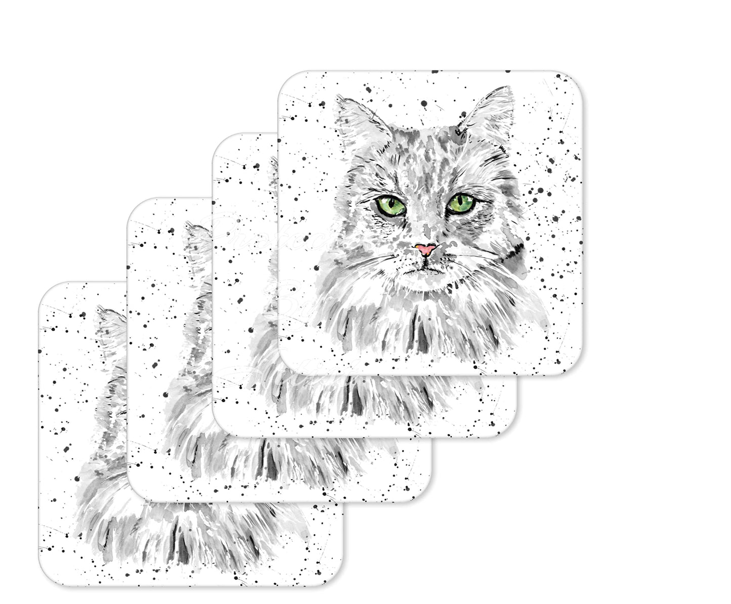Coaster Cat Black white Green eyes Feline Pet Animals Coasters Watercolour Art Gift Work Office Dining Tea coffee