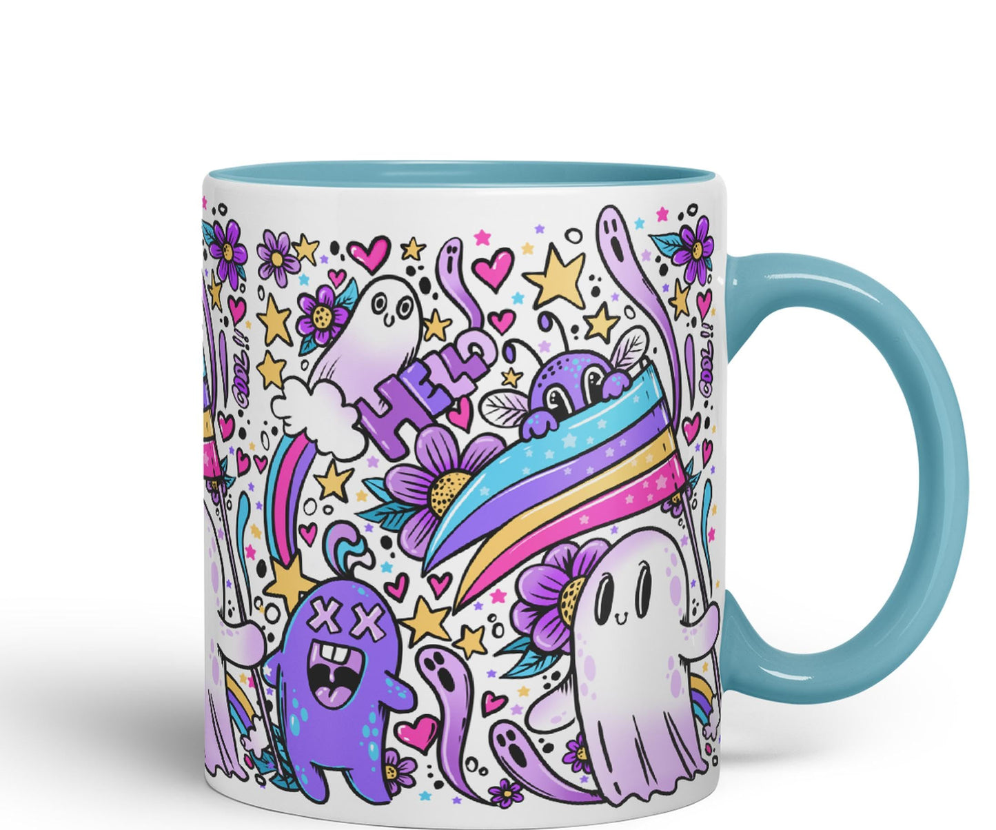 Vixar Hello Cool Kawaii Ghosts Coloured Ceramic Mug Cup Gift 330ml 11oz Work Office Tea Coffee