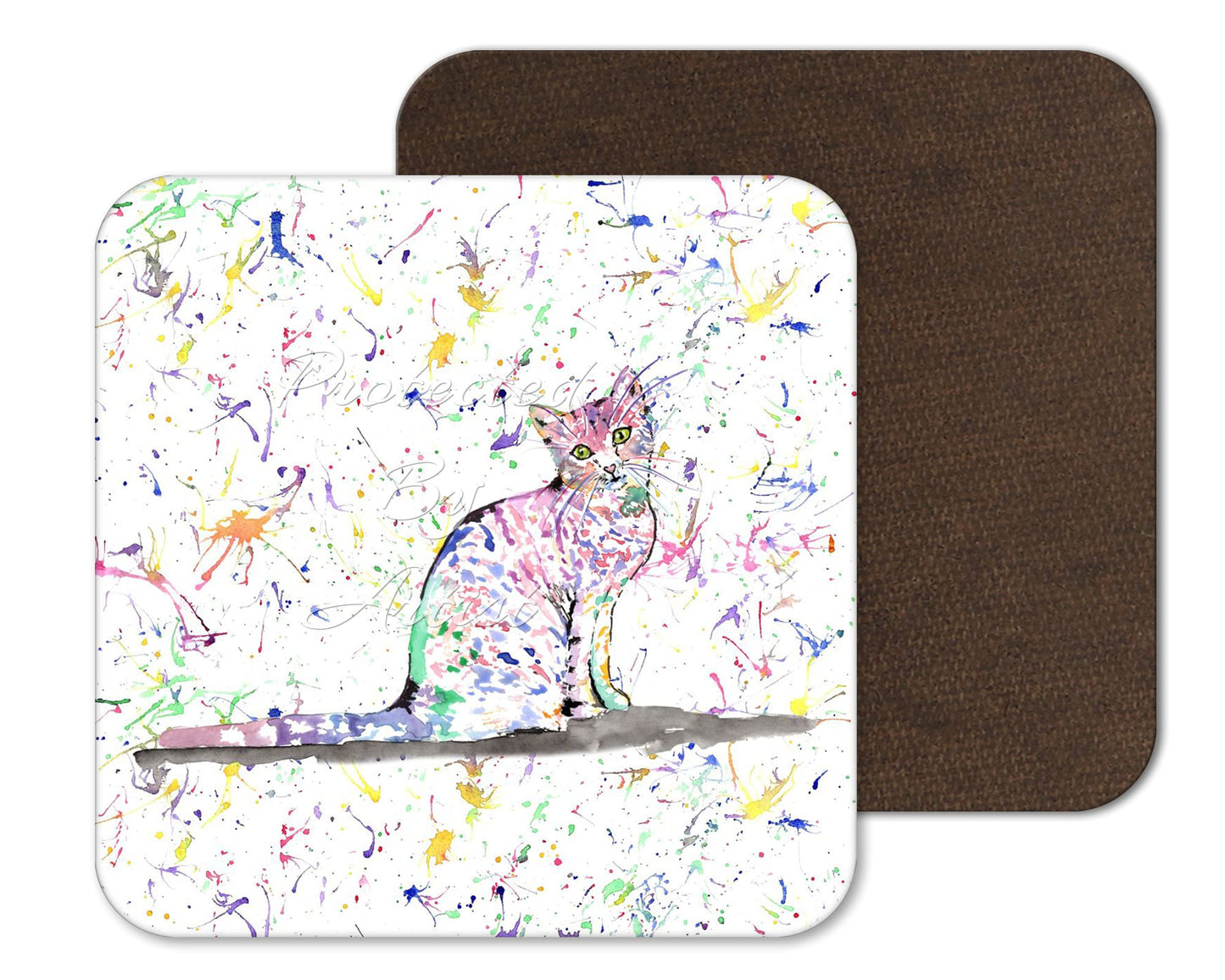 Coaster Cat Kitten Feline Pet Animals Coasters Watercolour Art Gift Work Office Dining Tea coffee