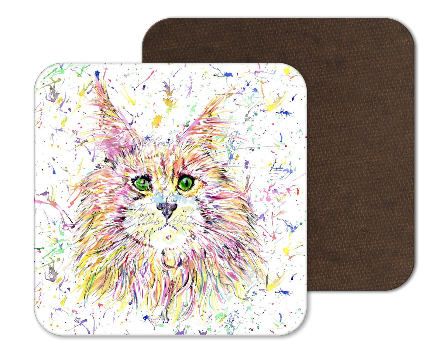 Coaster Maine Coon Cat Hand Painted Kitten Animals Coasters Watercolour Art Gift Work Office Dining Tea coffee