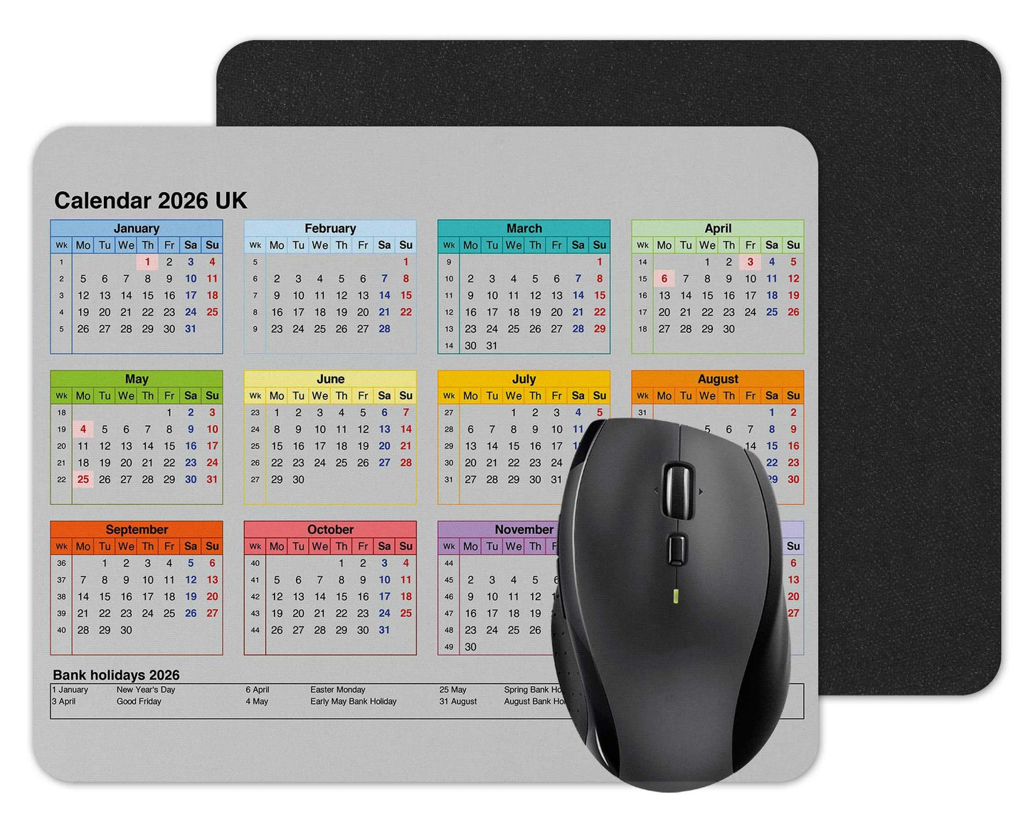 Vixar Calendar 2026 Mouse mat pad for UK with Holiday Non Slip PC Desktop Laptop for office school work home