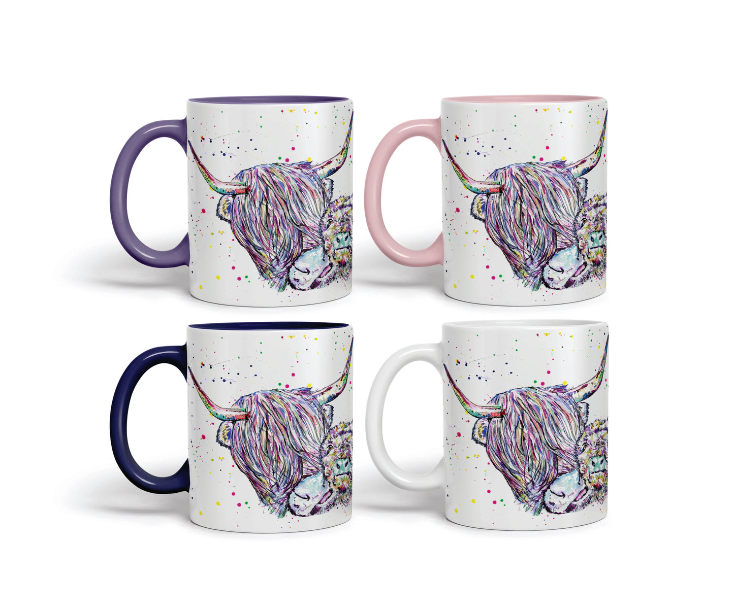 Highland Cow Scottish with Calf Baby Farm Animals Watercolour Rainbow Art Coloured Mug Cup new design