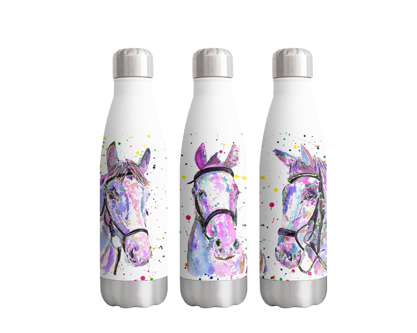 Horses x3 Horse Farm Animals Watercolour Rainbow Art Bottle 500ml