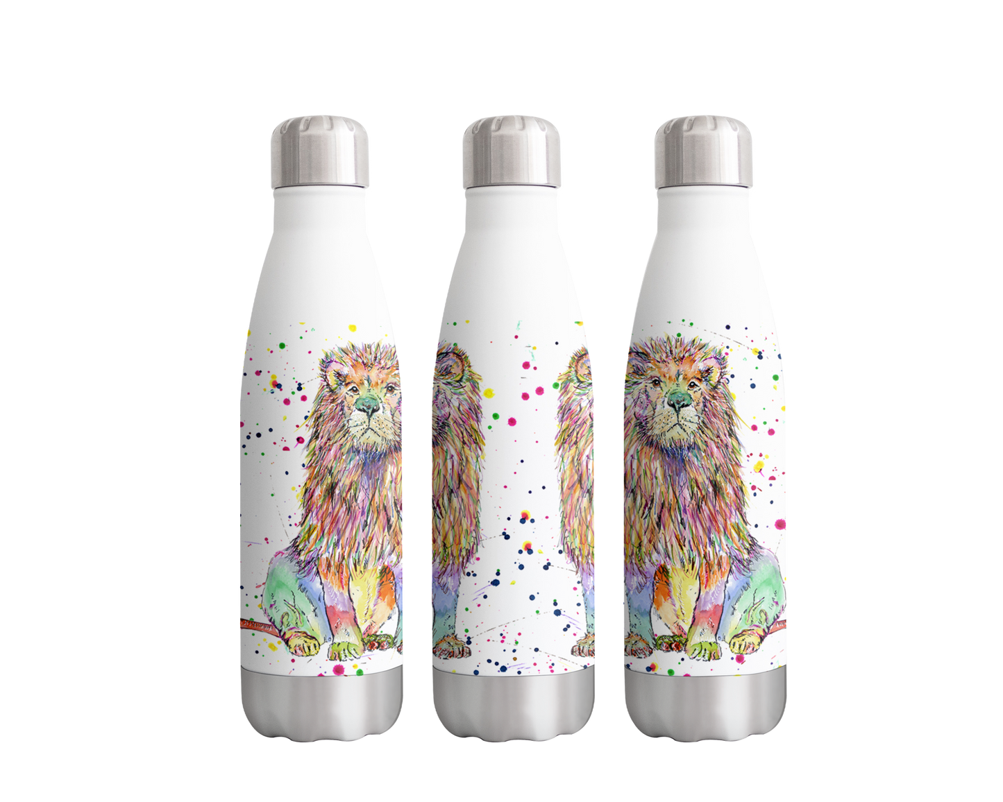 Lion Big Cat Safari Wildlife Animals Watercolour Rainbow Art Bottle 500ml