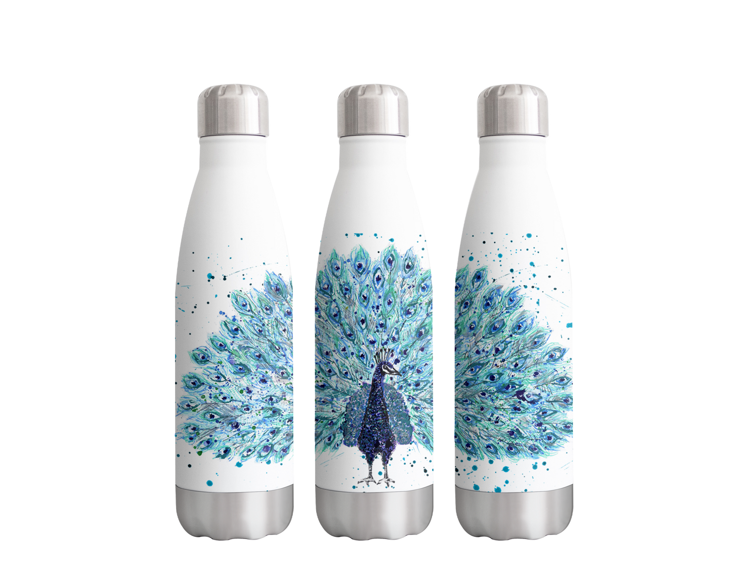 Peacock Bird wildlife Animals Watercolour Rainbow Art Bottle 500ml