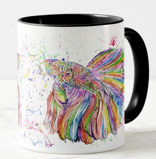 Fish Betta Siamese Fighting Animals Watercolour Art Coloured Mug Cup