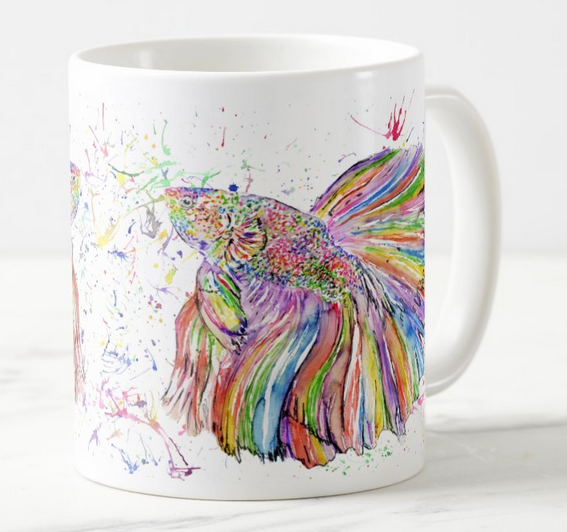 Fish Betta Siamese Fighting Animals Watercolour Art Coloured Mug Cup