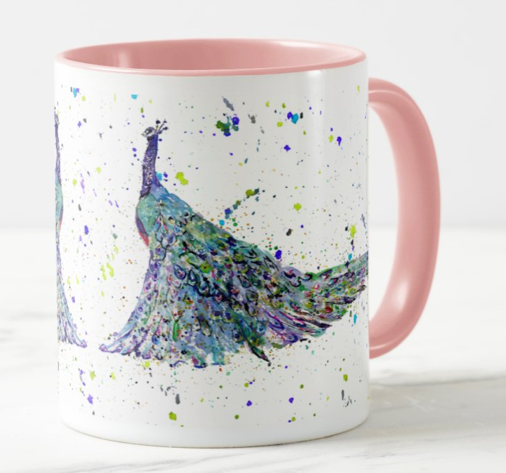 Peacock Bird Animals Watercolour Rainbow Art Coloured Mug Cup