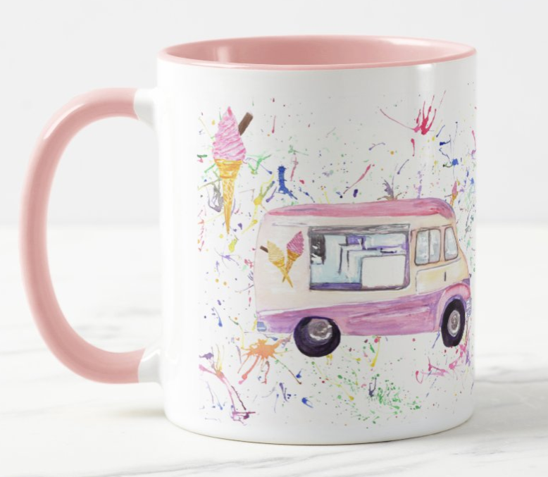 Ice Cream Van Beach Hut Seaside summer Holiday Watercolour Rainbow Art Coloured Mug Cup