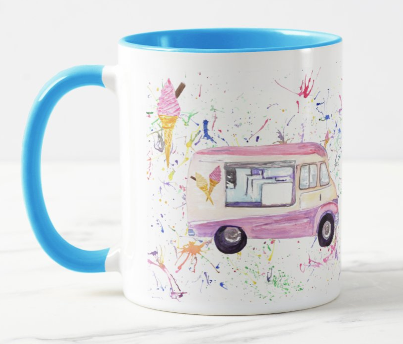 Ice Cream Van Beach Hut Seaside summer Holiday Watercolour Rainbow Art Coloured Mug Cup
