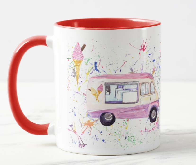 Ice Cream Van Beach Hut Seaside summer Holiday Watercolour Rainbow Art Coloured Mug Cup