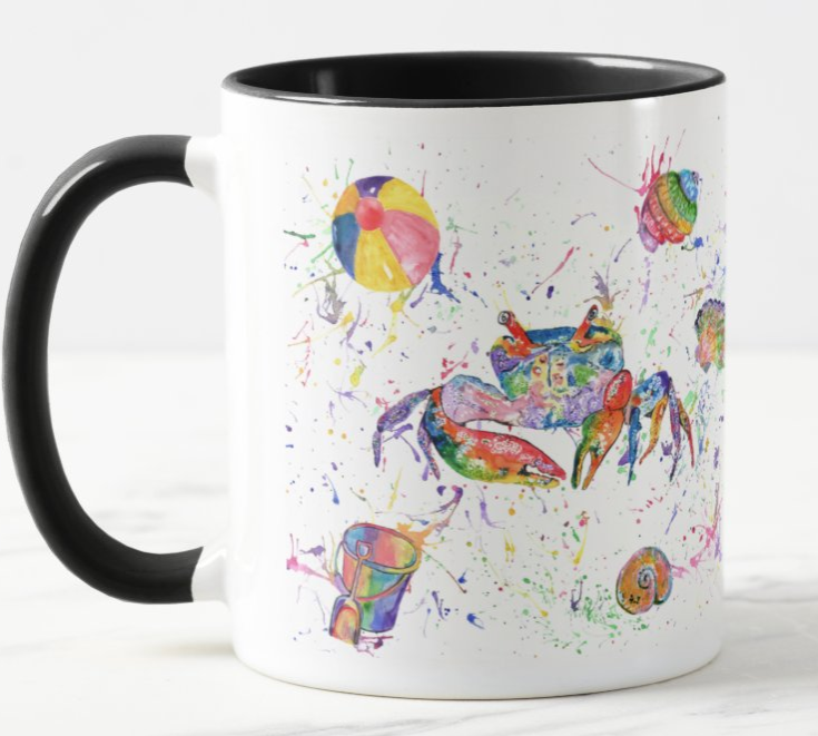 Crab Seafront Beach Animals Watercolour Rainbow Art Coloured Mug Cup