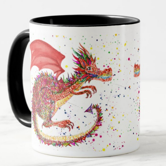 Dragon Red Repile Lizard Watercolour Rainbow Art Coloured Mug Cup