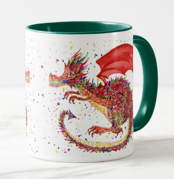 Dragon Red Repile Lizard Watercolour Rainbow Art Coloured Mug Cup