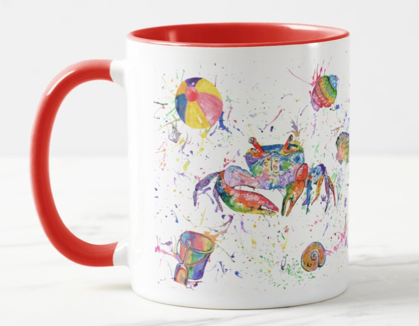 Crab Seafront Beach Animals Watercolour Rainbow Art Coloured Mug Cup