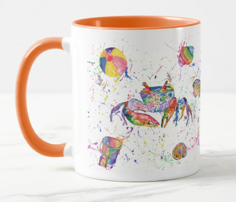 Crab Seafront Beach Animals Watercolour Rainbow Art Coloured Mug Cup