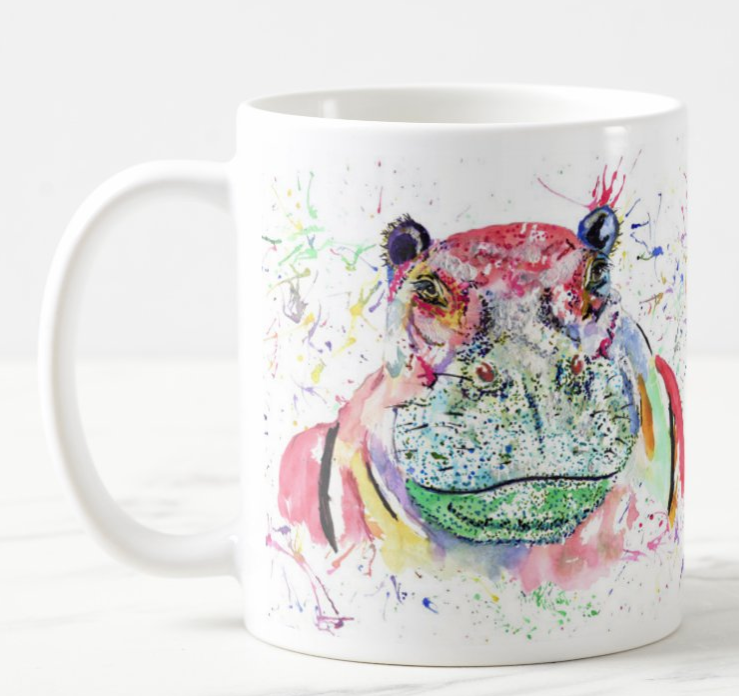 Hippopotamus Hippo Wild Wildlife Safari animals Watercolour Rainbow Art Coloured Mug Cup