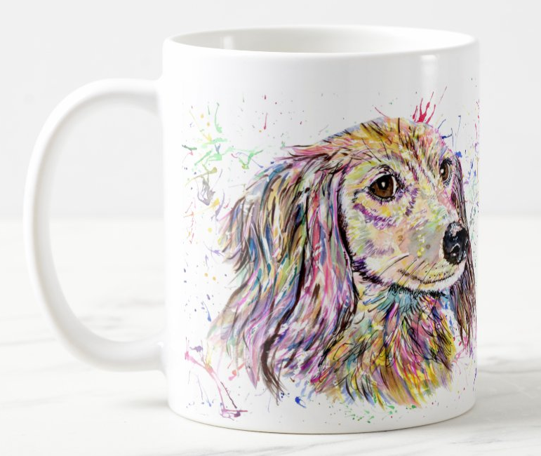 Dachshund Long haired Sausage Wierner Dog Pet Animals Watercolour Rainbow Art Coloured Mug Cup